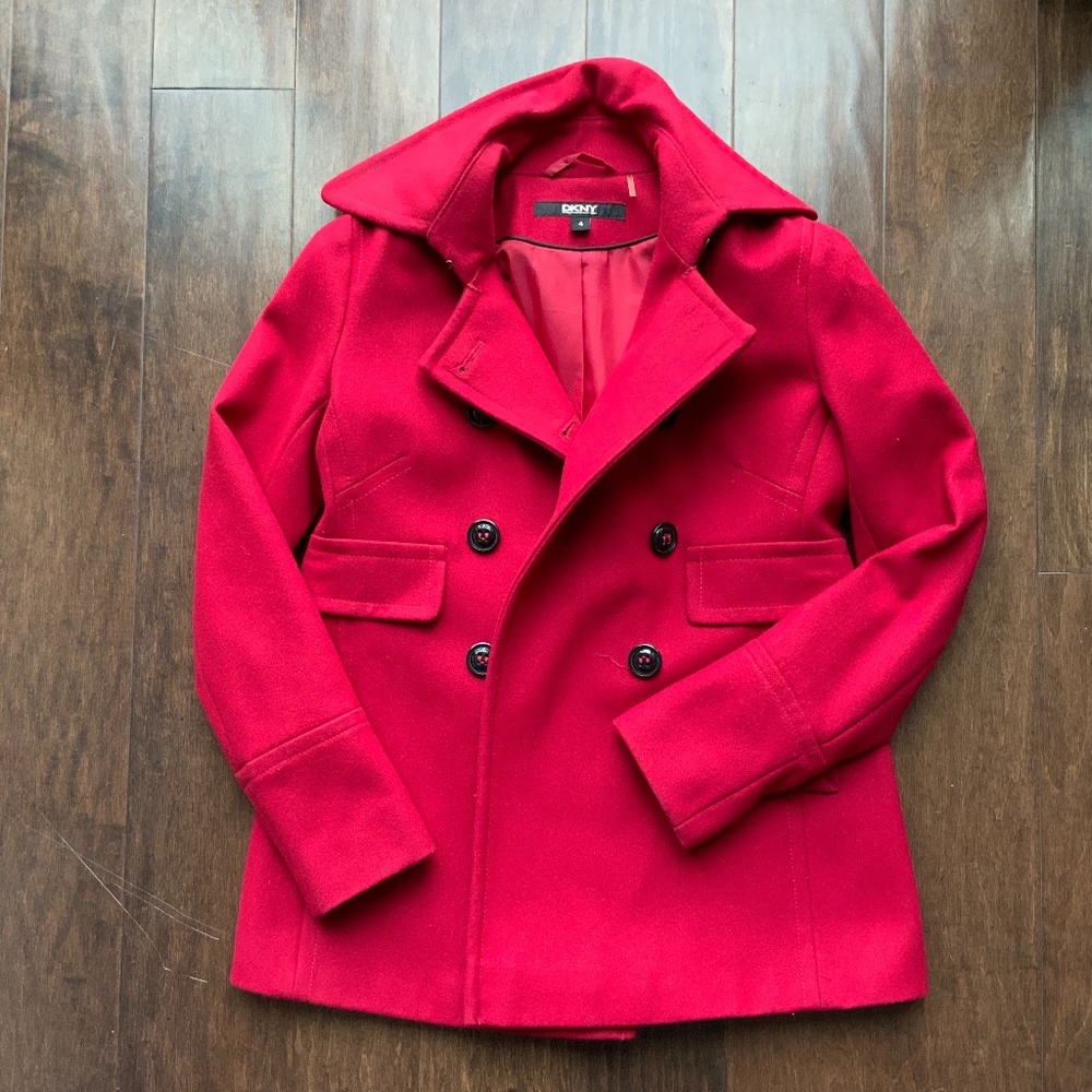 DKNY Coat Red with Black Buttons. Size 4.